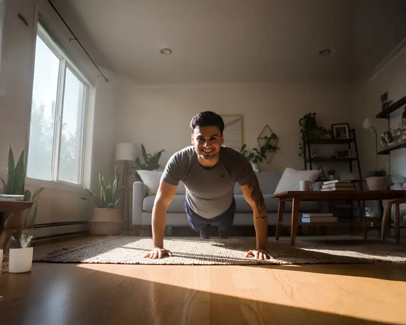 Homem fazendo flexões na sala de estar iluminada pelo sol